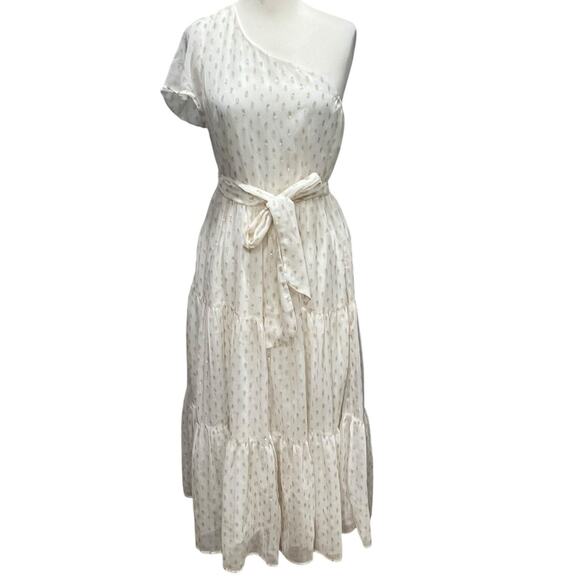 Lulus Shining Sight Midi Dress S White Metallic Gold Dotted One Shoulder Fairy - Picture 2 of 16